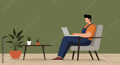 Man casually working on a laptop from a comfortable armchair, depicting remote work, digital lifestyle, and online productivity in a relaxed home or office environment.