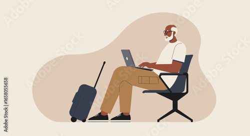 Mature man engaged in remote work on his laptop while traveling, waiting with luggage. Represents modern digital nomad and productive senior lifestyle.