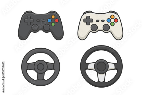 Gaming controller and racing steering wheel icon set. Gamepad, joystick for video game console entertainment. Immersive gameplay concept. Vector cartoon illustration isolated.
