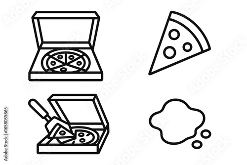 Pizza icon set for delivery and takeout. Vector line art collection of open box, serving a slice with spatula, single pepperoni piece, and grease stain. Fast food graphic elements.