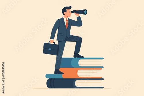 Businessman with binoculars on books seeking opportunity. Concept for knowledge, business vision, information research, leadership, future goals, and career success. Flat vector.
