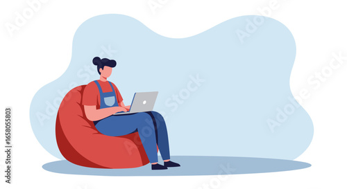 Person comfortably working on a laptop while sitting on a red beanbag chair. Ideal for remote work, freelancing, online learning, or casual lifestyle concepts.
