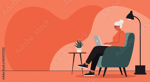 Senior woman using laptop comfortably at home, representing remote work, online learning, and a modern digital lifestyle for older adults.