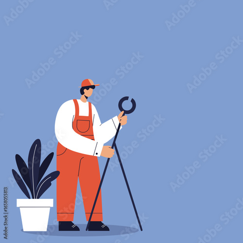 Skilled craftsman in orange overalls holding large industrial tongs, symbolizing diligent labor, professional trade, and specialized repair services. Ideal for business and industry concepts.
