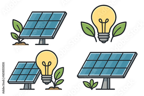 Set of solar panels, light bulbs, plants symbolizing sustainable energy solutions. Green power concept. Renewable electricity. Vector icon pack. Eco friendly technology idea.