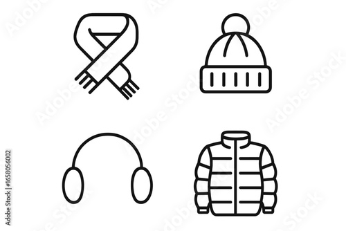 Winter clothing essentials icon set. Outline vector icons of wool scarf, knitted beanie, earmuffs, puffer jacket. Cold weather apparel. Winter fashion. Skating accessories. Isolated black symbols.