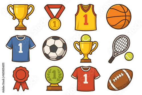 Sports icon set. Vector illustration collection of trophy, medal, jersey, and balls for soccer, basketball, tennis, and football. First place winner concept. Cartoon clip art.