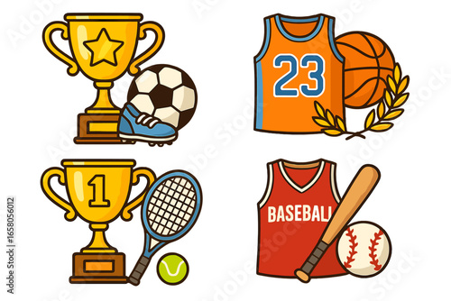 Set of sports icons. Football, basketball, baseball, tennis equipment. Cartoon vector illustrations. Golden trophy cup for winner, champion award. Competition concept collection.