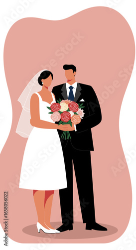 Joyful bride and groom celebrating their wedding day with a beautiful bouquet. Symbolizes love, union, and a lifelong commitment.