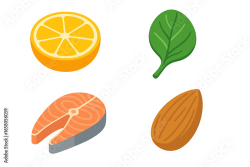 Isometric Flat Vector Icons of Natural Vitamin Sources Including Orange Slice, Spinach Leaf, Salmon Fillet, and Almond Nut – Healthy Food Illustration Set