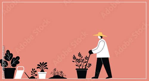 Minimalist illustration of a person gardening, tending to potted plants and using tools. Evokes growth, nature, and sustainable lifestyle.
