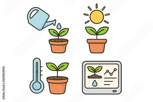 Plant care icon set for agriculture technology. Smart farming concept with seedling growth, water, sun light, temperature and data monitoring. Vector cartoon illustration.