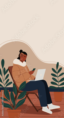 Relaxed person working remotely on laptop and smartphone outdoors on a patio with potted plants, embodying modern lifestyle and digital connectivity.