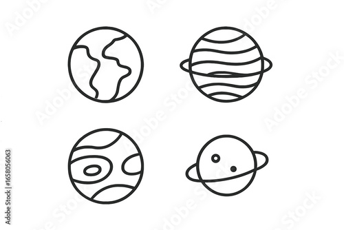 Planet icon set. Outline vector illustration of planets and planetary systems, including terrestrial planet, gas giant, ice giant, dwarf planet. Space, astronomy, solar system, minimal line art
