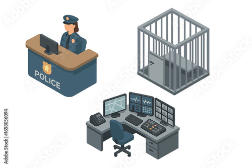Isometric police station interior icon set. Law enforcement, justice and security elements. Policewoman at reception desk, jail holding cell, dispatch and surveillance console.