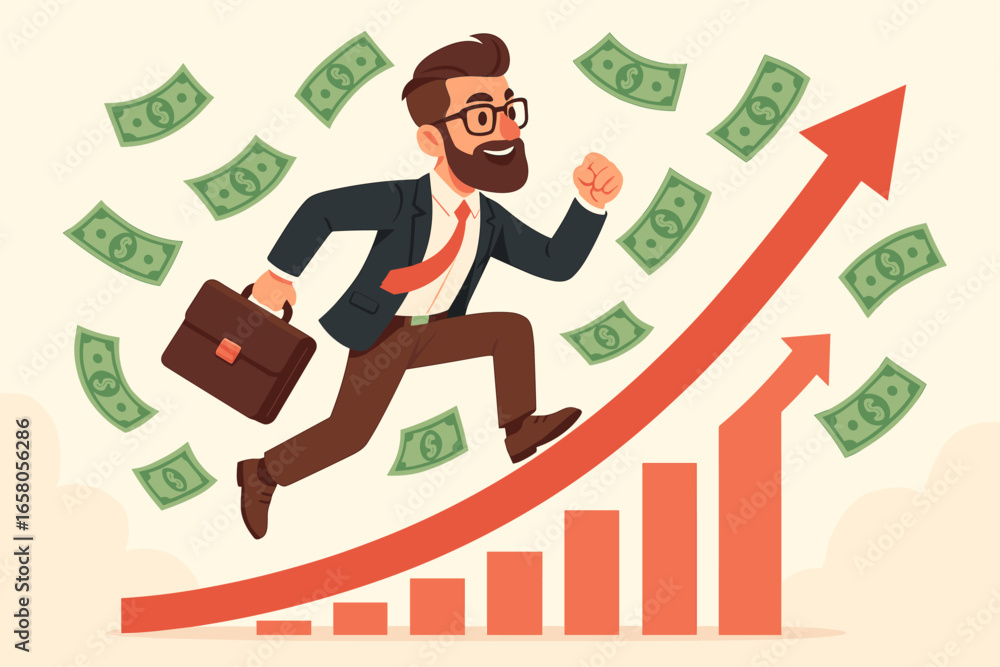 Successful businessman running on growing graph arrow. Financial success concept. Career growth and income increase. Man with briefcase on stock chart. Investment and profit. Successful businessman running on growing graph arrow. Financial success concept. Career growth and income increase. Man with briefcase on stock chart. Investment and profit.