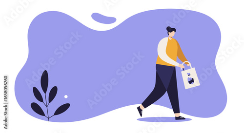 Modern flat illustration of a person walking with a shopping bag, perfect for concepts like retail, delivery, errands, or conscious consumerism.