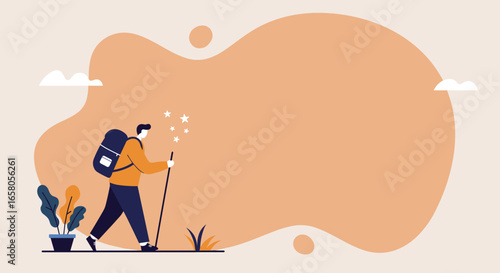 A person with a backpack and walking stick on a journey, symbolizing adventure, exploration, and future aspirations. Ideal for travel, discovery, or personal growth concepts.