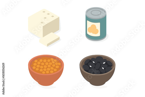 Isometric Plant-Based Protein Food Icons. Tofu Block, Canned Chickpeas, Lentil Bowl, Black Beans. Vegan Protein Sources, Vegetarian Nutrition, Healthy Meal Ingredients, Flat Vector Illustration