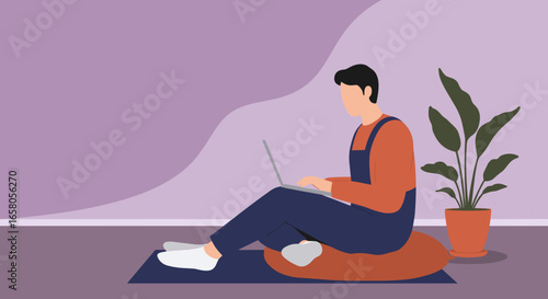 Person comfortably working from home on a laptop, embodying modern remote work and flexible lifestyle. Ideal for business, education, or tech-related themes.