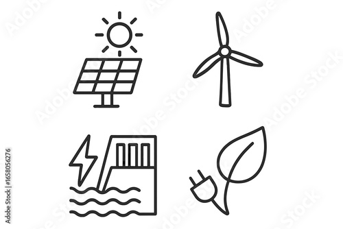Renewable energy outline icon set. Solar panel, wind turbine, hydroelectric dam, and green power symbols. Sustainable, eco-friendly electricity generation vector pictograms.