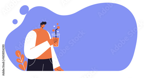 Modern illustration of a man enjoying a cool, refreshing drink. Perfect for lifestyle, health, and summer-themed promotions.