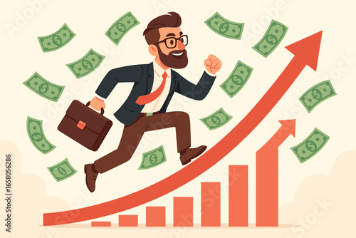 Successful businessman running on growing graph arrow. Financial success concept. Career growth and income increase. Man with briefcase on stock chart. Investment and profit.