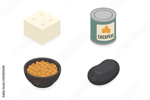 Isometric Flat Icons of Plant-Based Protein Sources Including Tofu Block, Chickpeas Can, Lentil Bowl, and Black Beans - Vector Illustration Set on Transparent Background