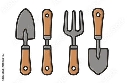 Gardening tools vector icon set. Hand trowel, spade, fork, and cultivator for planting. Garden work equipment illustration. Isolated objects for agriculture or hobby concept.