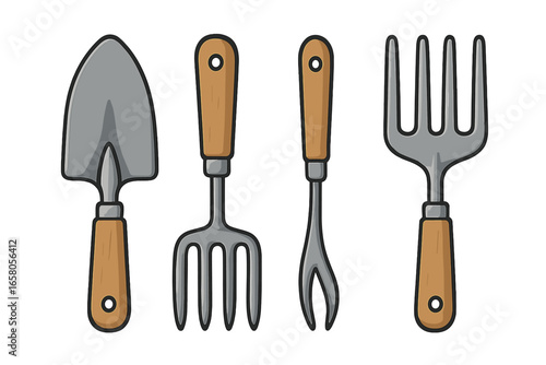 Gardening tools vector icon set. Hand trowel, cultivator rake, digging fork, and weeder for planting. Farming and agriculture equipment for garden work. Flat cartoon illustration.