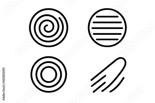 Set of 4 Plating Composition Outline Icons with Circular Swirl, Linear Stripe, Concentric Rings, and Diagonal Smear Shapes, Minimalist Vector Illustration for Design and Food Presentation