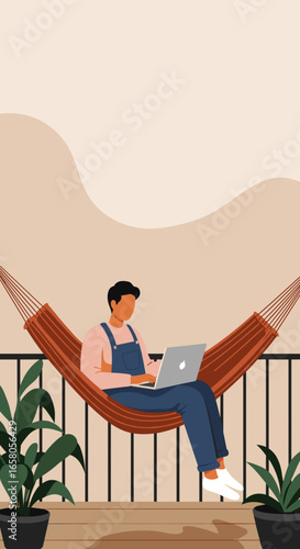 Relaxed person working on a laptop in a cozy hammock on a balcony. Illustrates remote work, comfortable lifestyle, and flexible working.