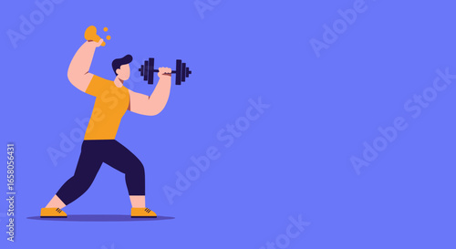 Man exercising with weights and a water bottle, embodying strength, health, and dedication to fitness. Ideal for wellness and lifestyle concepts.