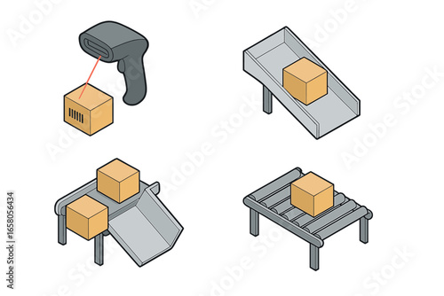 Isometric Flat Warehouse Icon Set of Sorting Systems with Barcode Scanner, Sortation Chute, Diverter Gate, and Roller Conveyor Vector Illustration on Transparent Background