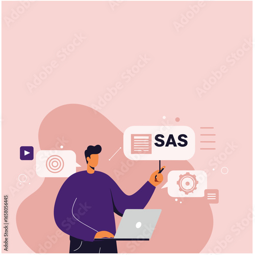 Man with laptop presenting data analytics or business intelligence concepts with SAS software. Ideal for technology, education, and corporate business.