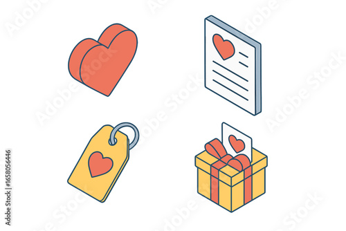 Isometric wishlist favorites icon set. Heart-shaped tag, favorite list, save for later note, gift wishlist. Flat vector illustration. Shopping wish list, present ideas, online store concepts.