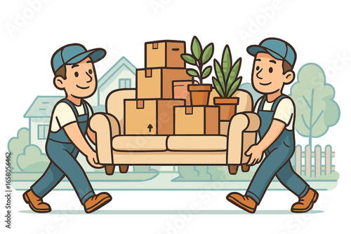Two movers carrying a sofa with boxes and plants. Relocation service concept. Moving company workers in uniform transport furniture. New home, delivery, teamwork cartoon vector.