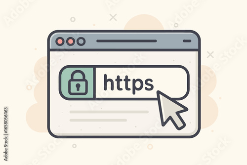HTTPS protocol for secure web surfing and data encryption. Browser window with SSL certificate and green padlock icon. Internet security and privacy concept vector illustration.