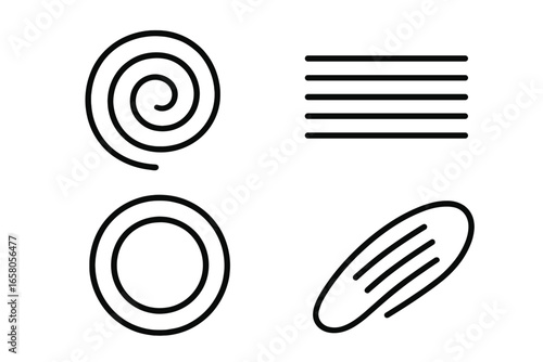 Set of 4 Plating Composition Outline Icons with Circular Swirl, Linear Stripe, Concentric Rings, and Diagonal Smear Shapes, Vector Illustration of Modern Food Presentation Designs