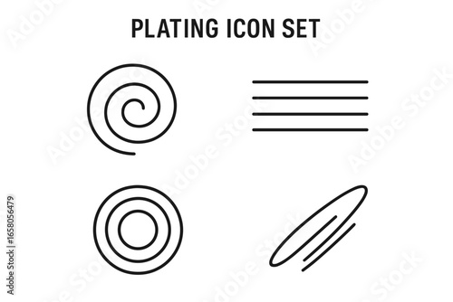 Modern plating icon set. Minimalist outline food plating composition shapes. Circular swirl, linear stripe, concentric rings, diagonal smear. Abstract decorative vector illustration design