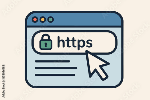 HTTPS protocol for secure web browsing. SSL certificate for safe data encryption. Cybersecurity concept. Browser window with padlock icon. Online privacy and protection. Vector.