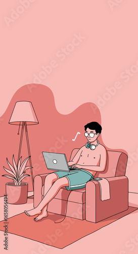 Person in shorts and headphones comfortably works or relaxes on a couch with a laptop at home, emphasizing flexible living.