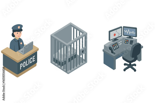 Isometric flat vector icons of police station interiors including reception desk, holding cell with bars, dispatch console, security office, law enforcement facilities, public safety design elements