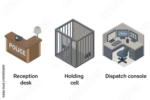 Isometric flat police station icons set including police station interiors, reception desk, holding cell bars, dispatch console, vector illustration on transparent background