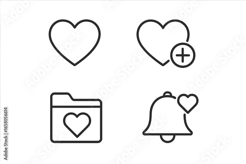 Wishlist favorites icon set. Outline vector design of heart wish list button, add to favorites symbol, favorite folder, notification bell with heart. User interface, app icons, transparent background.