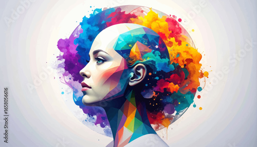 Abstract illustration of a woman's profile with a geometric face and a vibrant explosion of colorful powder, symbolizing creativity and thought.