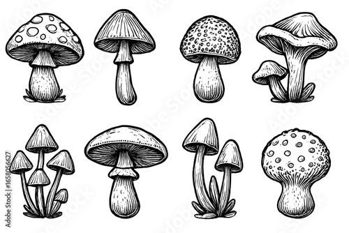 Mushroom vector set in hand-drawn sketch style. Black and white fungi collection. Botanical line art illustration of various toadstools. Engraving style nature icons.