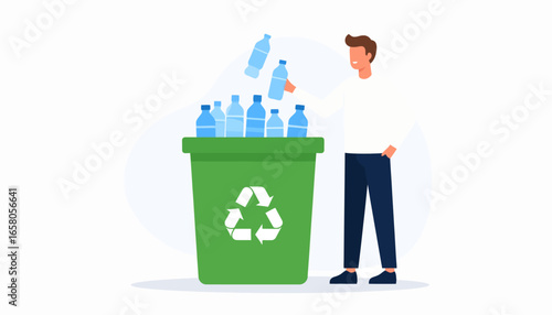 A young man carefully sorts plastic bottles into a green recycling bin for waste separation.