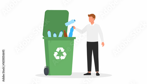 Man Recycling Plastic Bottles in Green Trash Can, Environmental Conservation