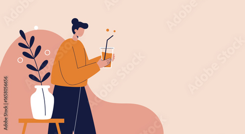 Flat design illustration of a woman casually holding a refreshing drink next to a houseplant, evoking relaxation and modern lifestyle concepts.